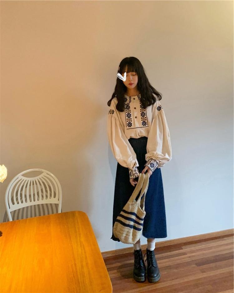 Retro Embroidered Denim Shirt & Lace Asymmetrical Fishtail Skirt Set for Spring & Autumn