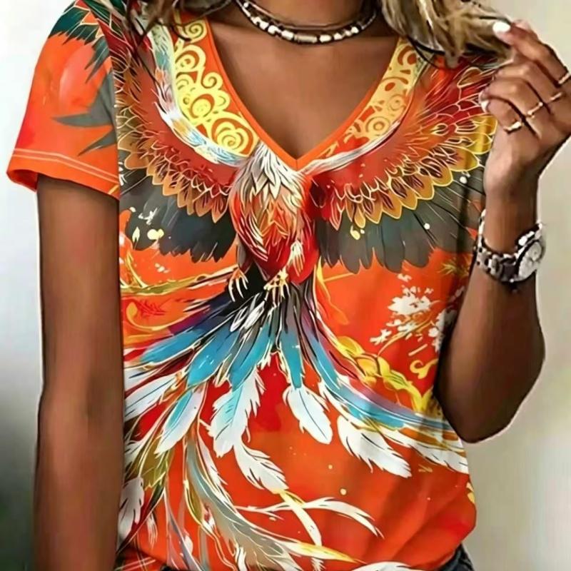 Summer Ladies 3D Printed V-Neck T-Shirt Fashion Versatile Breathable Trend Casual
