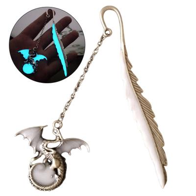 Vintage Metal Bookmark Luminous Feather Design with Creative Flying Dragon Fade-resistant Decorative Bookmark