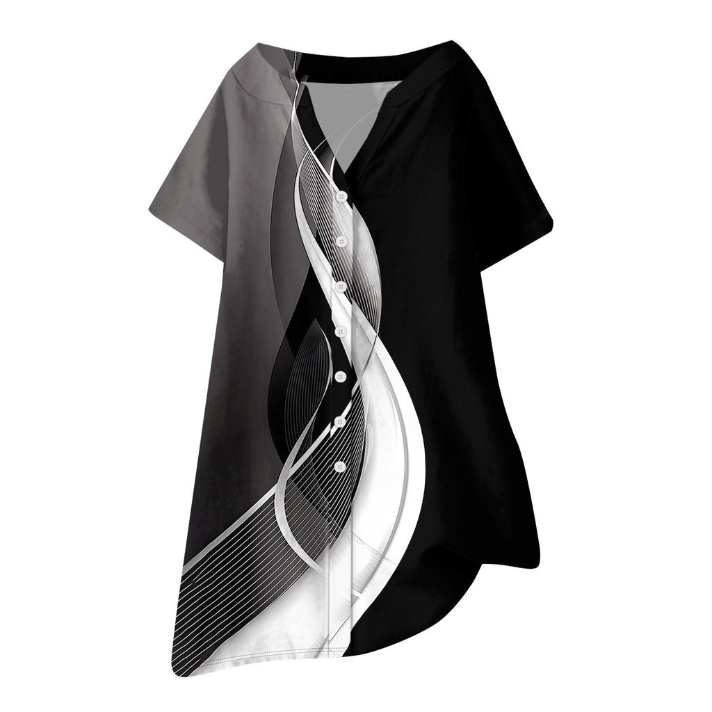 Women's Fashion Casual V-neck Short Sleeve Button Retro Color Block Splicing Print Dress