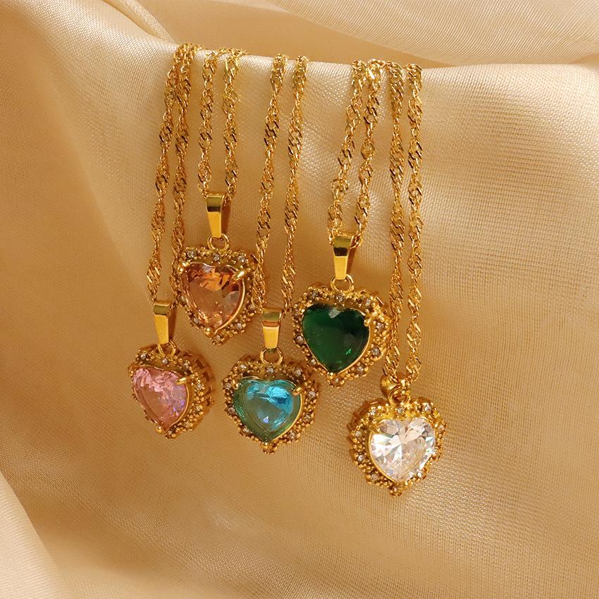 Women'S Zircon Heart Necklace Stainless Steel Jewelry Gold Chain Necklace Shiny Green/Pink/White Pendant Necklace