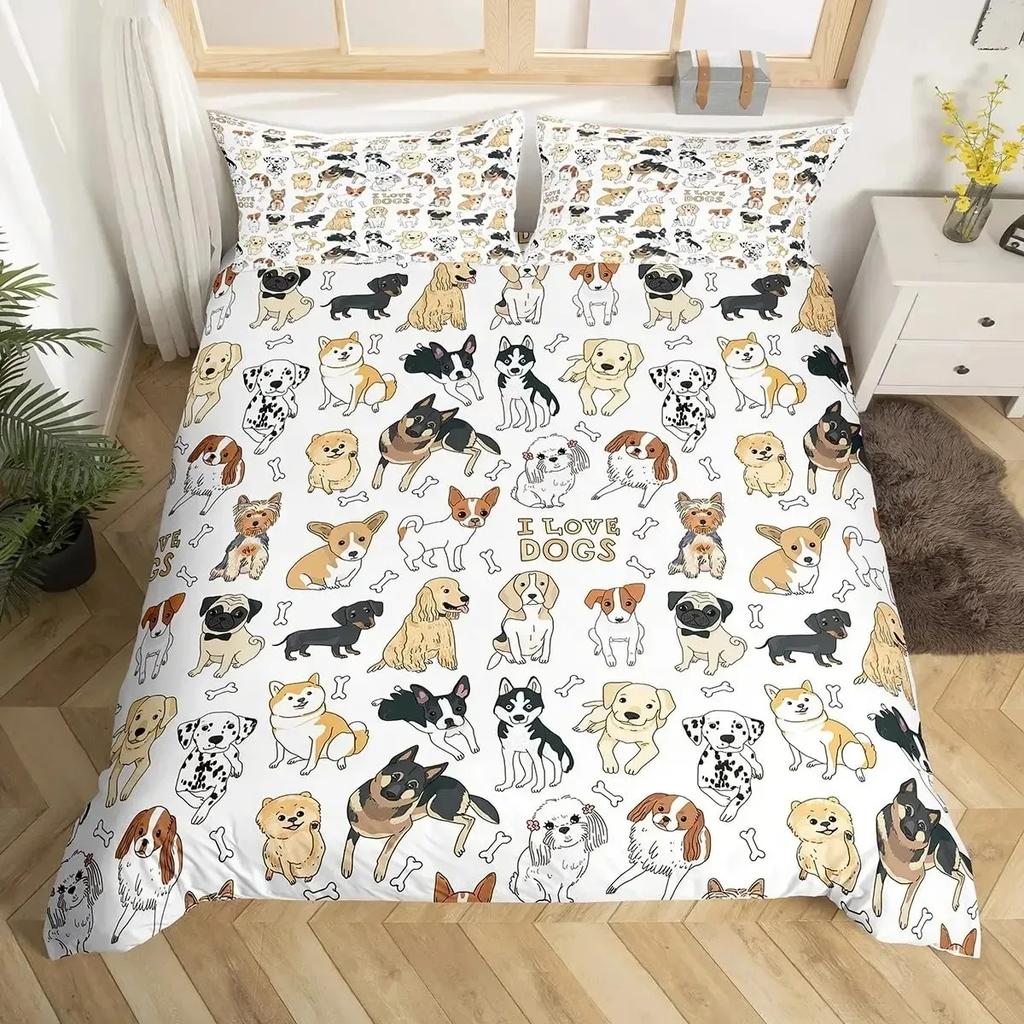 Pug Corgi Shiba Puppy Duvet Cover Set Dog Comforter Cover I Love Dogs Bedding Sets Kawaii Animals Cartoon Bedspreads Full Size