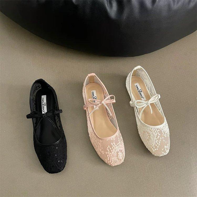 Damen Frühling Sommer Mary Jane Schuhe Ballerinas Atmungsaktives Mesh Stickerei Flats Süße Schleife Weibliche Tägliche Gehsandalen