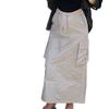 Korean Chic 2026 Spring/Autumn Casual Back Slit Double Pocket Midi Skirt for Women