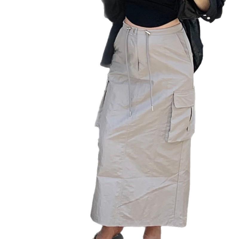 Korean Chic 2026 Spring/Autumn Casual Back Slit Double Pocket Midi Skirt for Women
