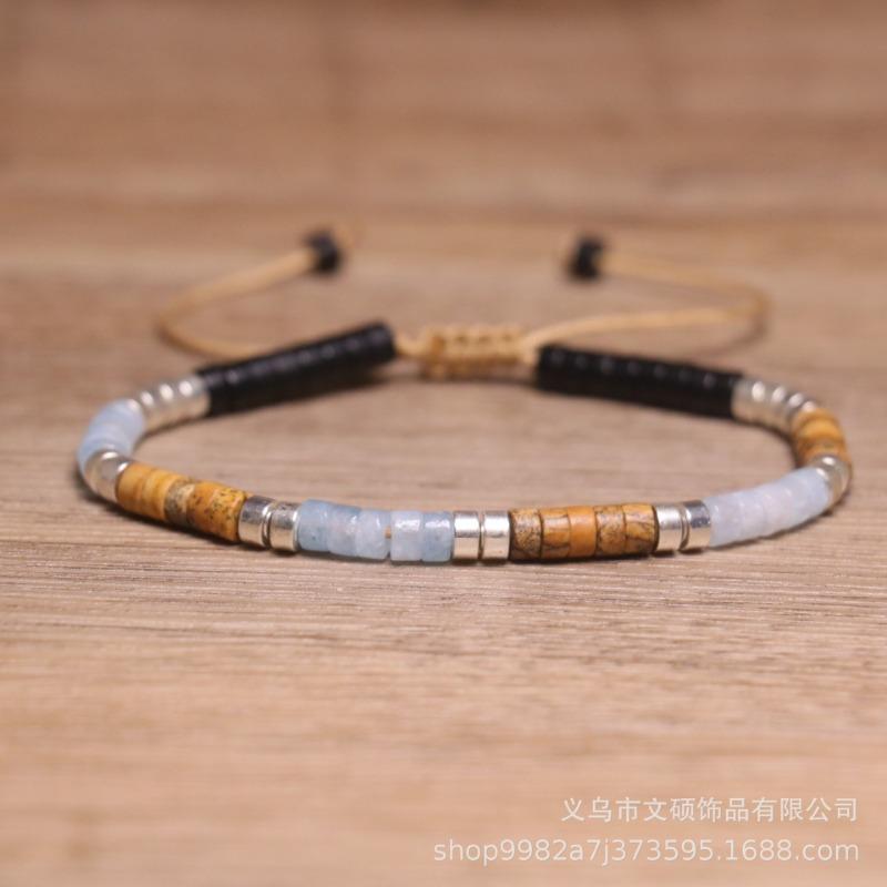

Aquamarine Picture Jasper Square Bead Bracelet – Silver Accent Adjustable Boho Jewelry, Grounding Calm Gift for Men Women разноцветный