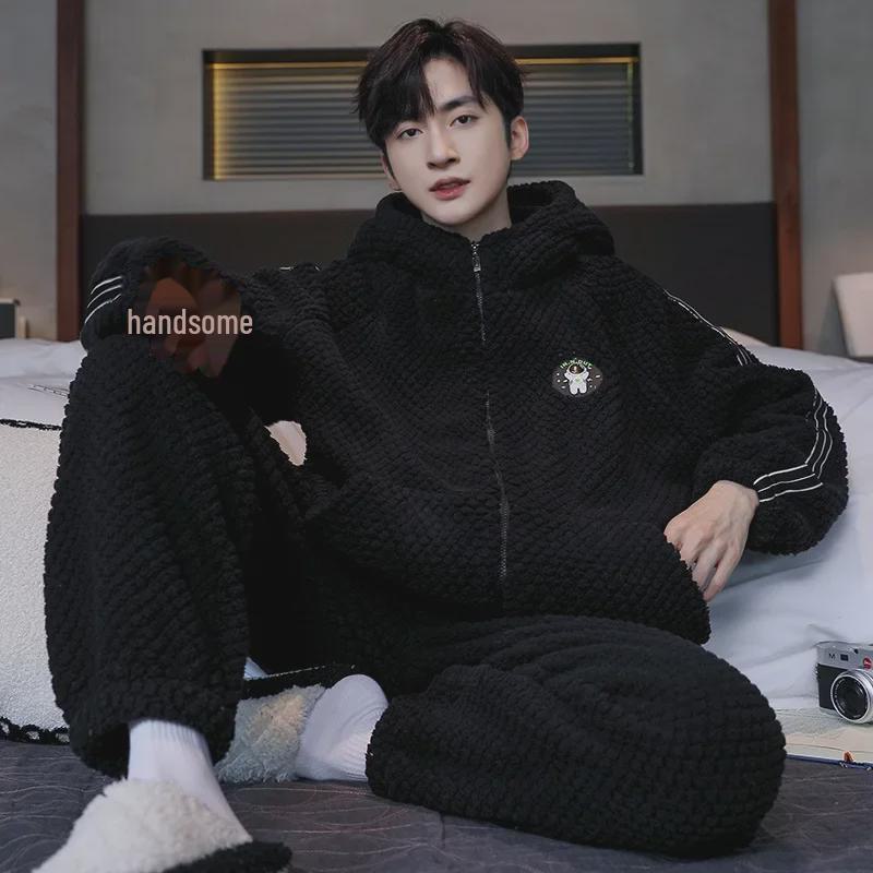 

Мужская зимняя пижама из кораллового флиса с капюшоном, на молнии, плюс утолщенный бархат, комплект из двух предметов для молодежи и людей среднего возраста. XL (60-75 kg)