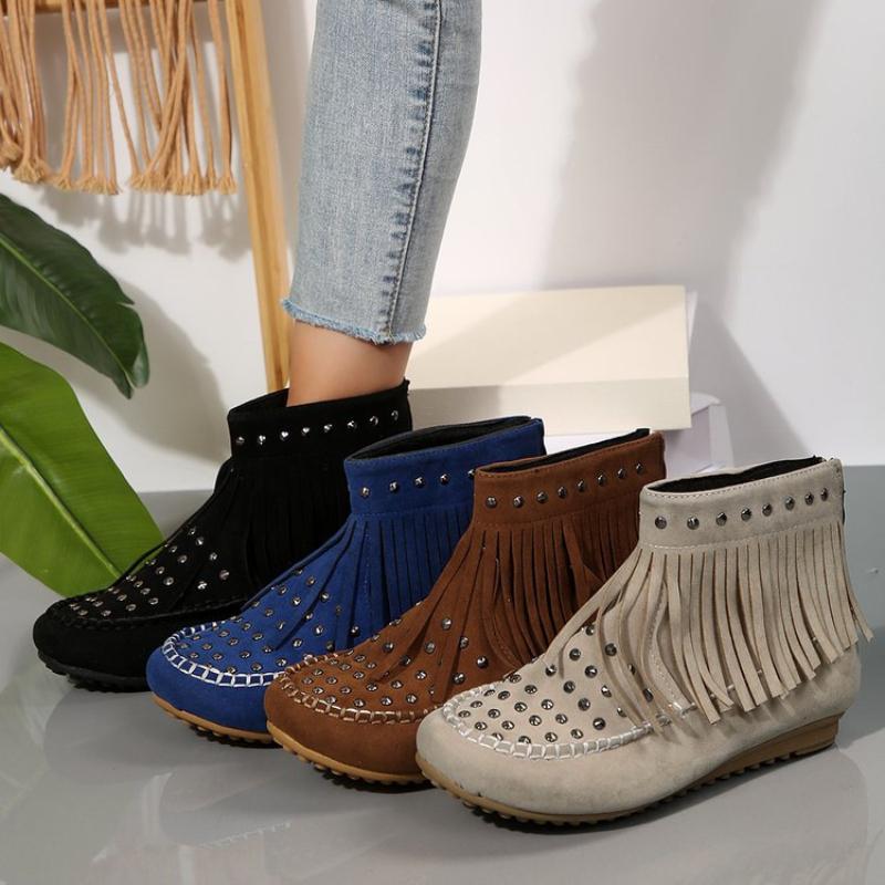 Autumn and Winter Versatile Rivet Flat Bottom Short Tube Tassel Women's Boots Suede Flat Bottom Women's Boots Plus Size 35-42