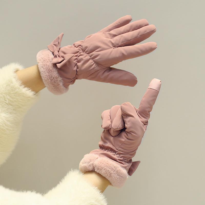 Student female winter cycling bow thickened cold-proof cute winter gloves velvet warm