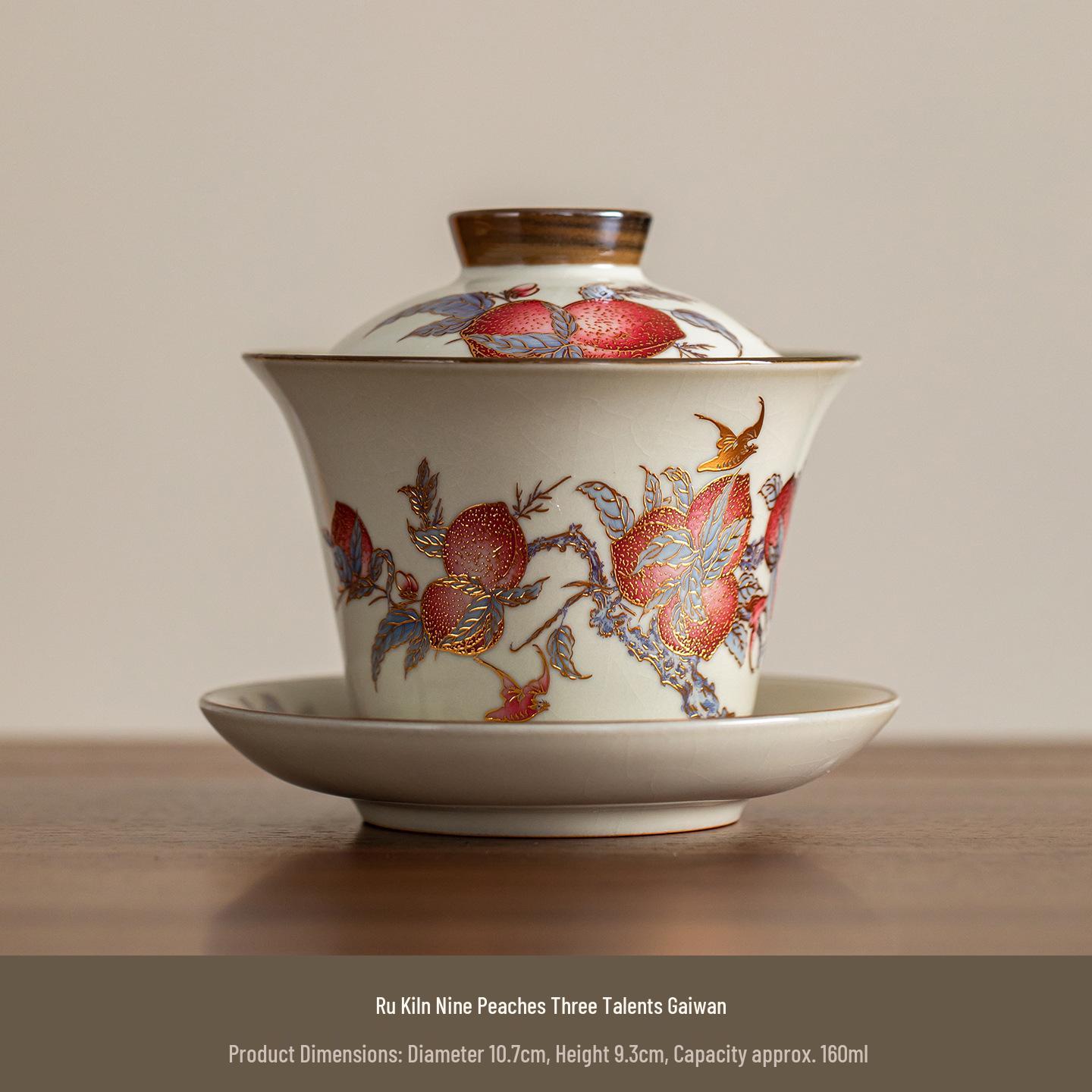 Famille Rose Nine Peaches Ru Kiln Gaiwan Tea Set with Anti-scalding Rotating Lid