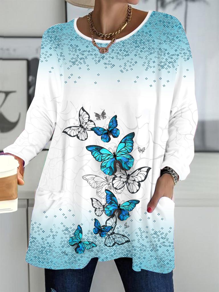2025 Autumn Winter New Plus Size Women's Tops, Butterfly 3D Print Fashion Crew Neck Long Sleeve T-Shirts