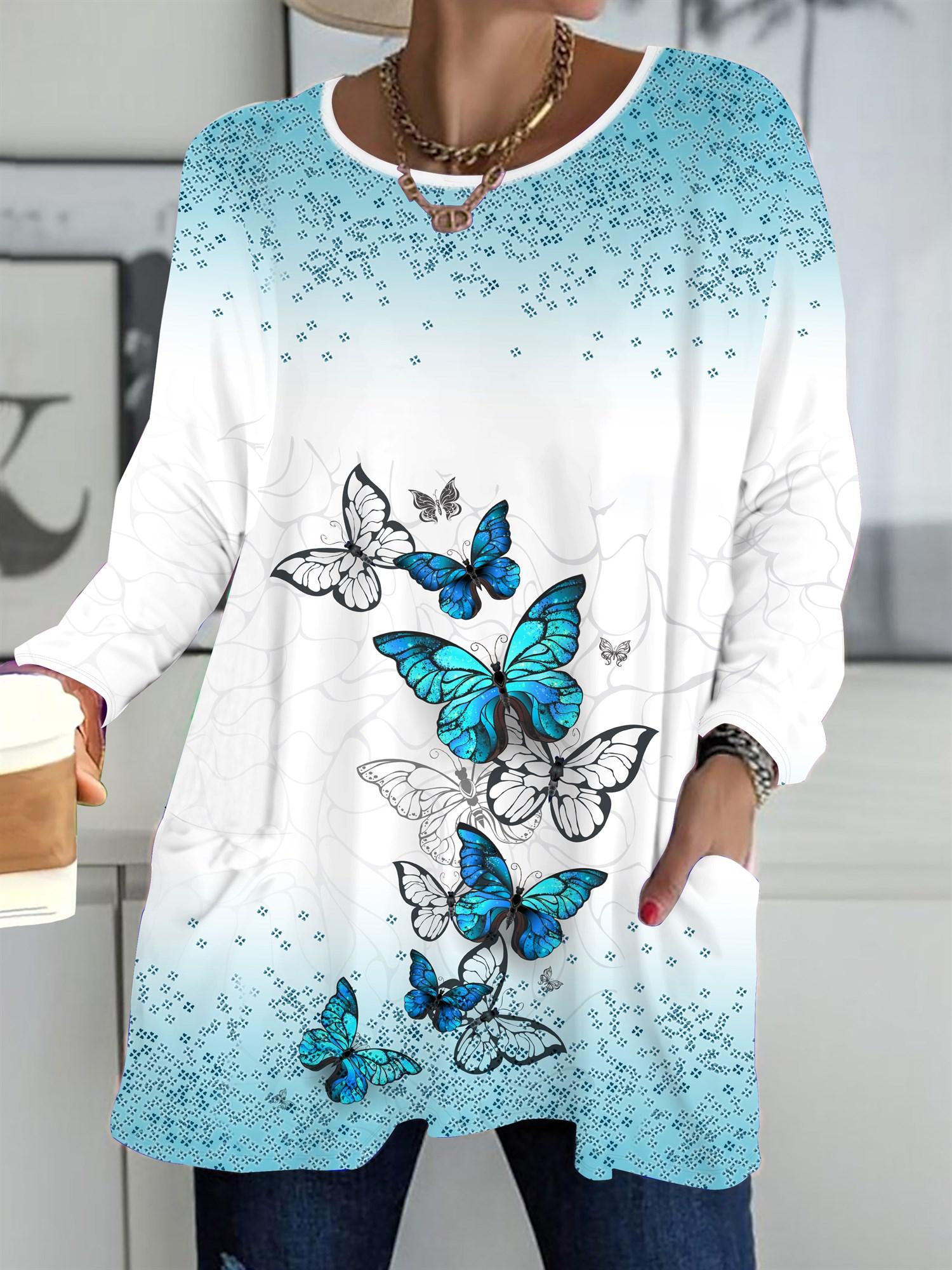 

2025 Autumn Winter New Plus Size Women s Tops, Butterfly 3D Print Fashion Crew Neck Long Sleeve T-Shirts 1XL синий