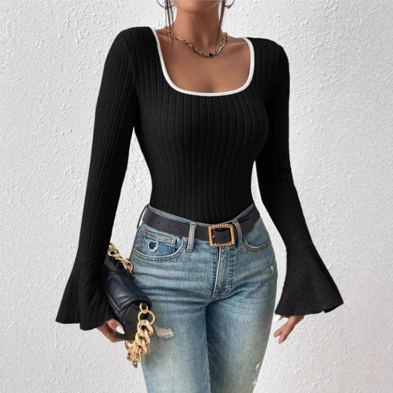 New Solid Color Long-sleeved Pullover Knitted Slim Fashionable and Sexy Low-necked Women's Clothing