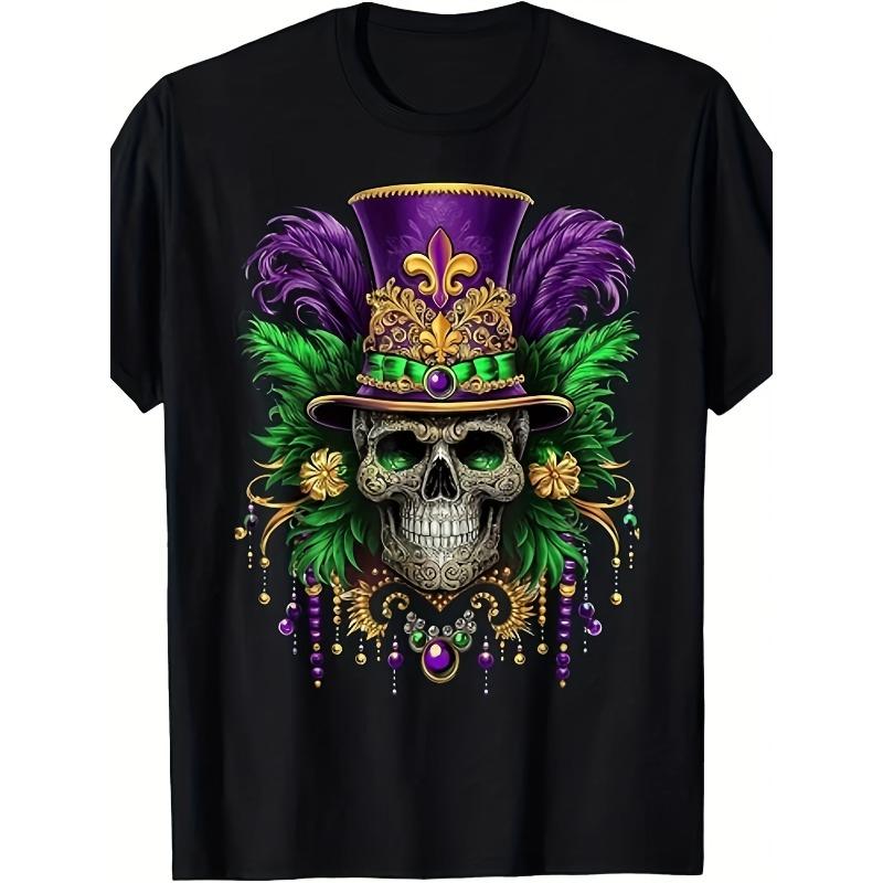 

European sizes Men S Sugar Skull Mardi Gras T-Shirt - Vibrant New Orleans Carnival Costume with Green, Purple & Golden Fleur-de-Lis & Beads Print, 4XL