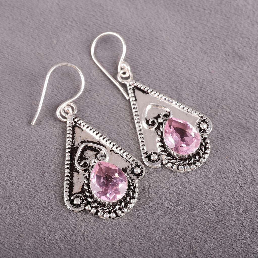 Morganite øredobber, håndlaget edelsten 925 solid sterling sølv øredobber Antikke smykker, for forlovelsesgave