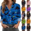 Women Halloween Print Long Sleeve Casual Fit Button Down Shirt Top with Festive Patterned Design for Seasonal Wear