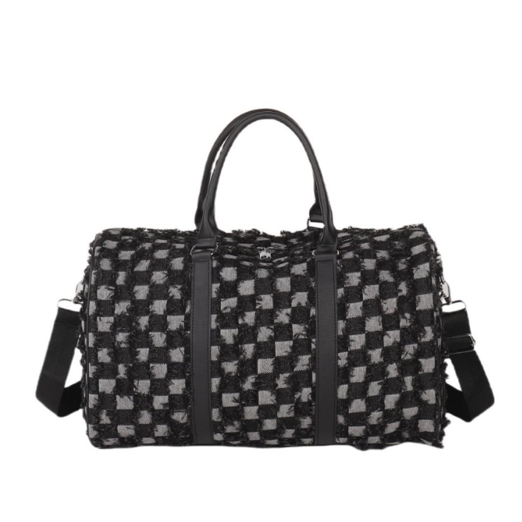 Women's Personalized Trendy Design Cloth Fleece Flu Portable Travel Bag Niche Checkered Luggage Storage Bag