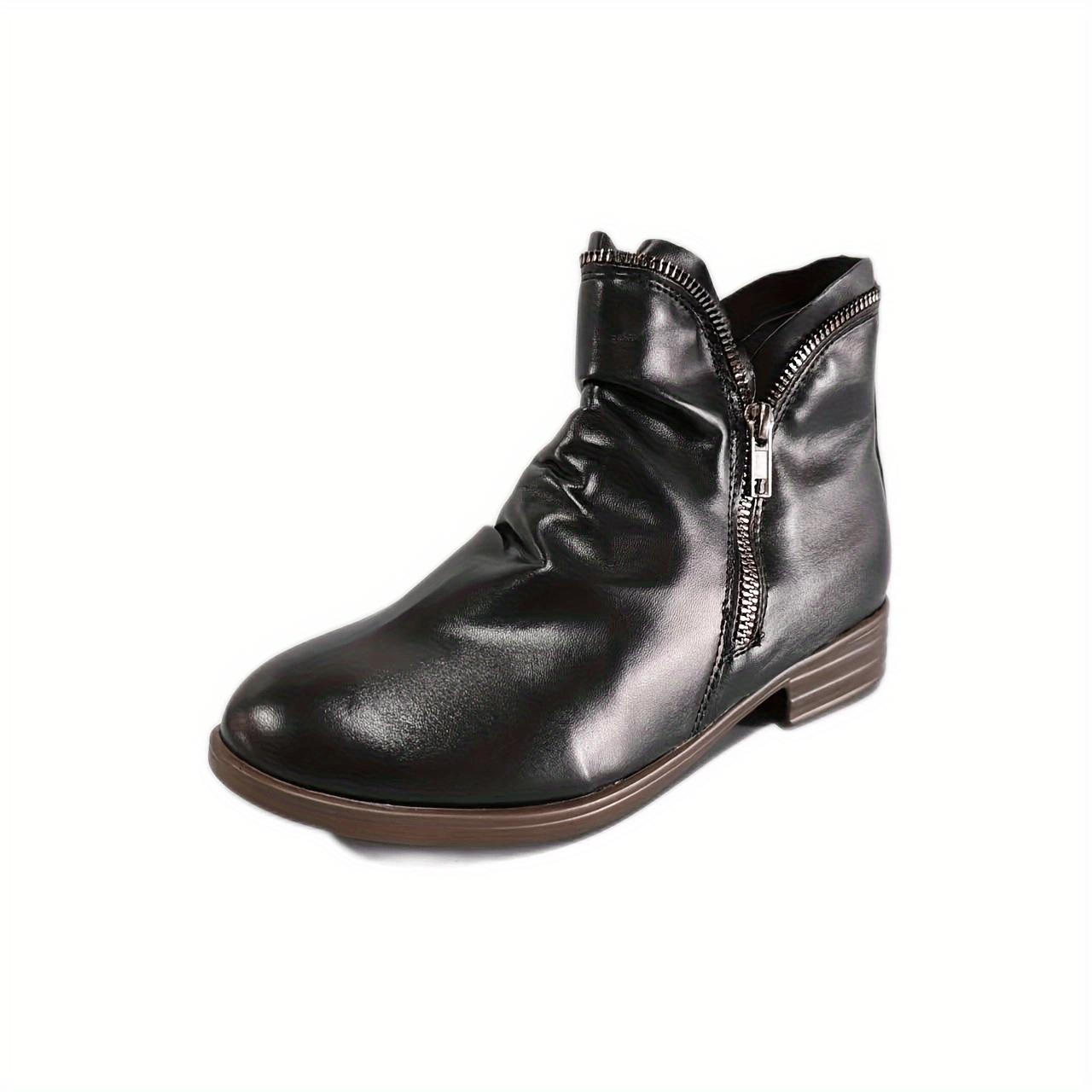 

Женские ботильоны с двойной молнией — стильные и удобные, на низком толстом каблуке — классический однотонный цвет, винтажная отделка сборками — модные короткие ботинки 43 чёрный