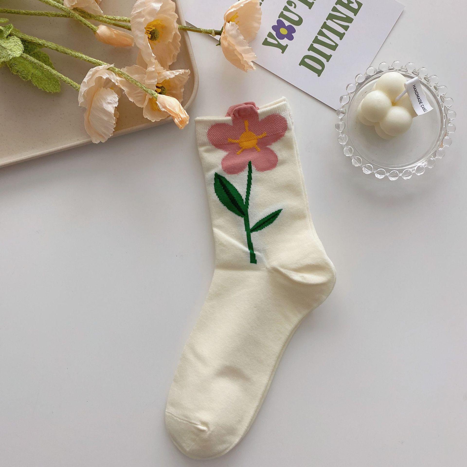 

Женские хлопковые носки до середины икры с 3D-цветком - Милый японский летний стиль One Size