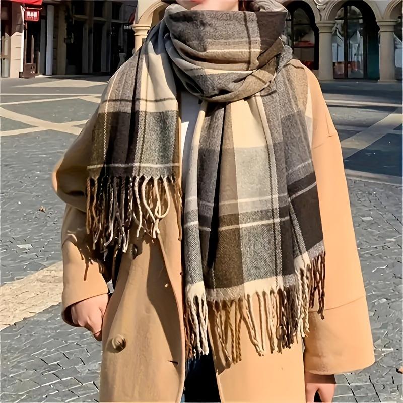 Women's Retro Plaid Knitted Scarf, Stylish & Warm Korean Style Scarf For Fall Winter, Luxury & Comfortable