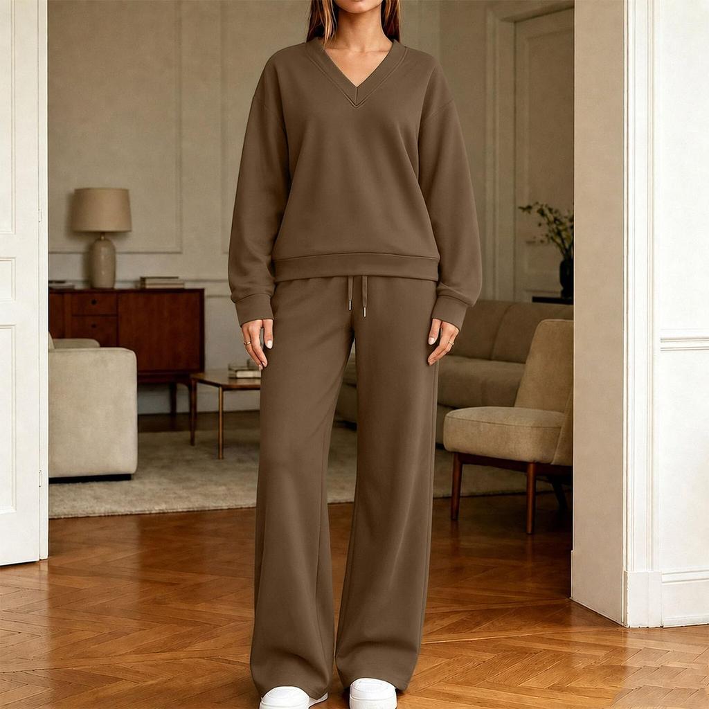 Women's V-Neck Pullover Sweatshirt and Wide Leg Pants Set Casual Outfit