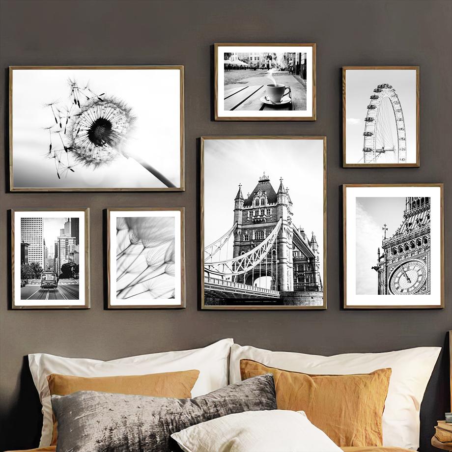 Modern London City Landmark Landscape Wall Art Canvas Painting Black White Poster Big Ben Bus Dandelion Pictures Home Room Decor