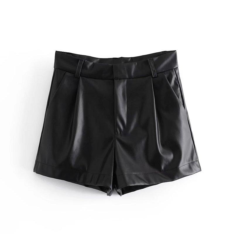 Women Chic Fashion Faux Leather Side Pockets Shorts Vintage High Waist Zipper Fly Female Skirts Mujer Streetwear