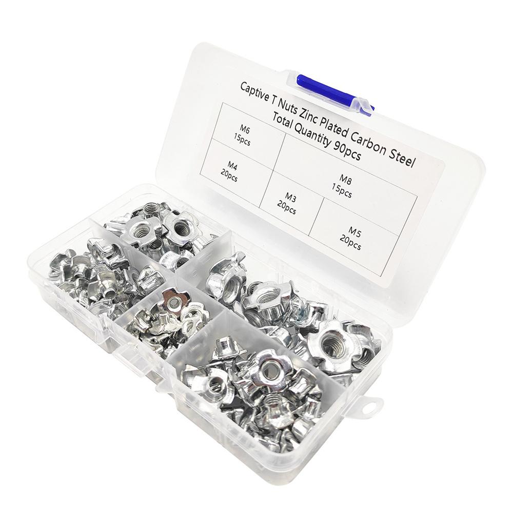 90Pcs M3 M4 M5 M6 M8 Carbon Steel T-Nuts Four Pronged Tee Nut Assortment Kit Set