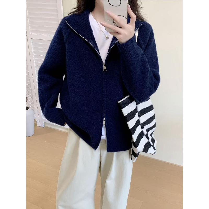 Cardigan Women Sweaters Zipper Coats Stand Collar Full Sleeve Jumpers Y2k Streetwear Elegant Knit Open Stith Autumn Winter
