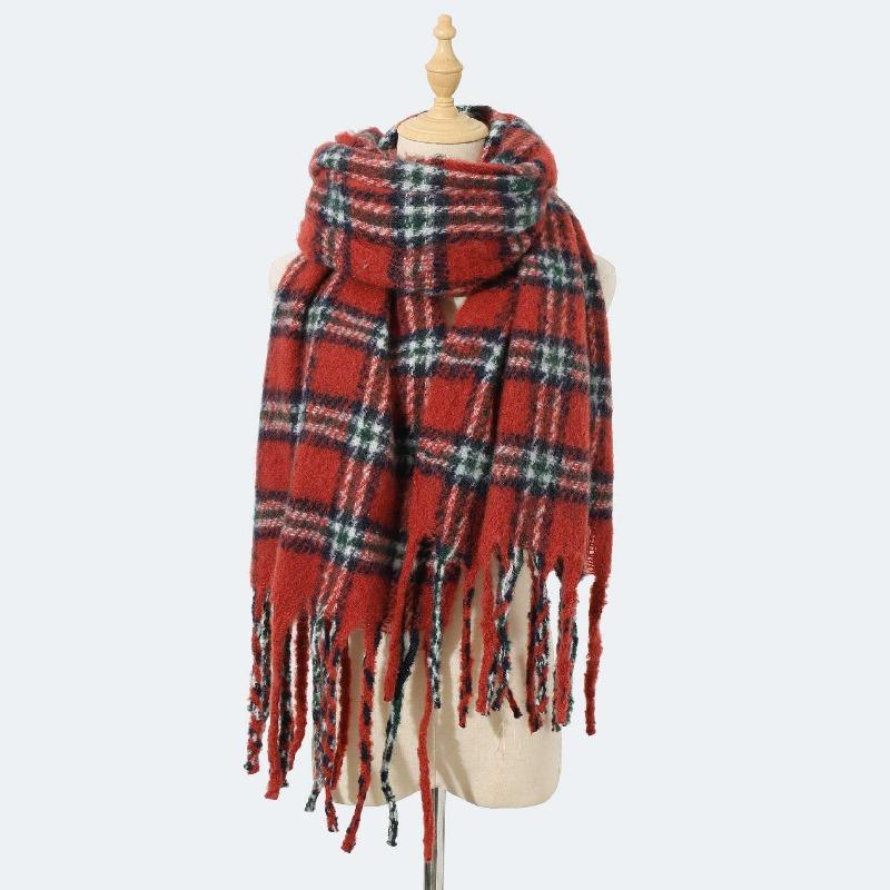 

Ангора красный клетчатый шарф ощущение высокого класса универсальный утолщенный шарф женский осенне-зимний атмосфера мода шарф с бахромой