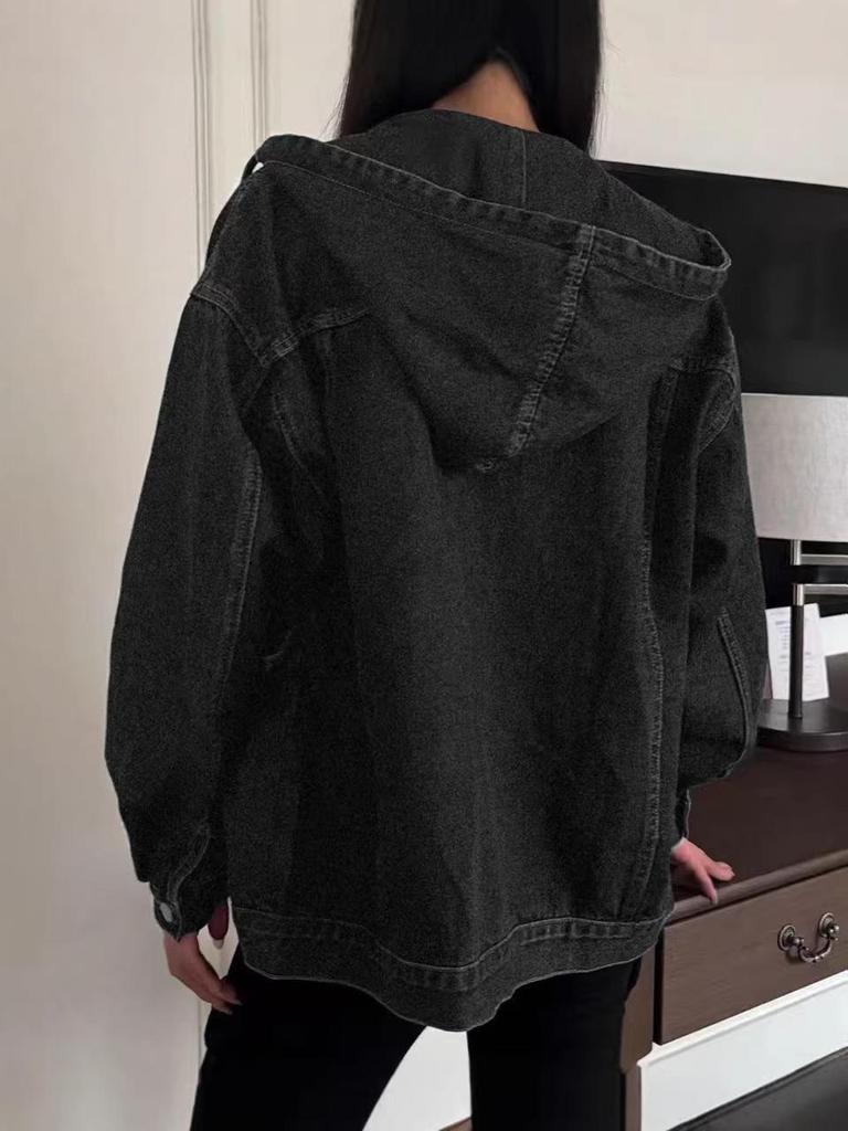 Women's Retro Black Hooded Denim Jacket - Early Spring Fashion for Europe