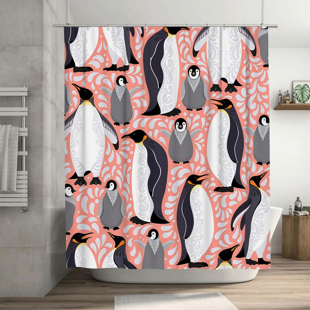 Pink and White Penguin Shower Curtain Set Waterproof Bath Decor for Kids Room 3D Printed Fabric Available in Different Sizes Fas