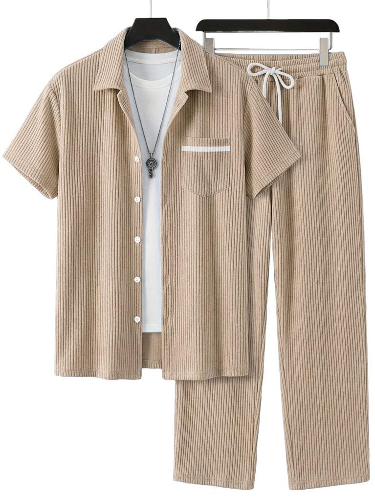 1116 New Solid Color Lapel Set, Men's Loose and Breathable Casual Two-piece Set for Beach Vacation