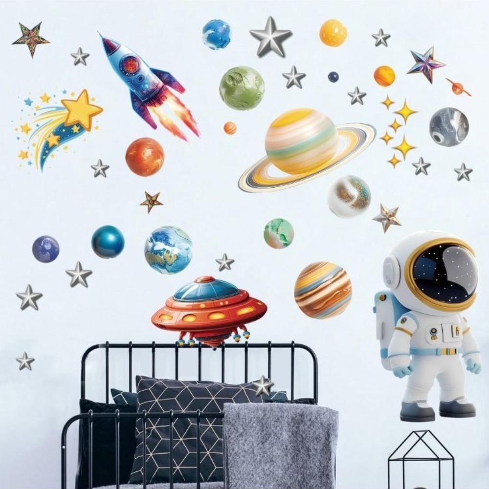 Solar System Kids Wall Stickers, Astronaut Stars Wall Decals, Decor for Baby Boy Girl Room Bedroom Living Room Classroom