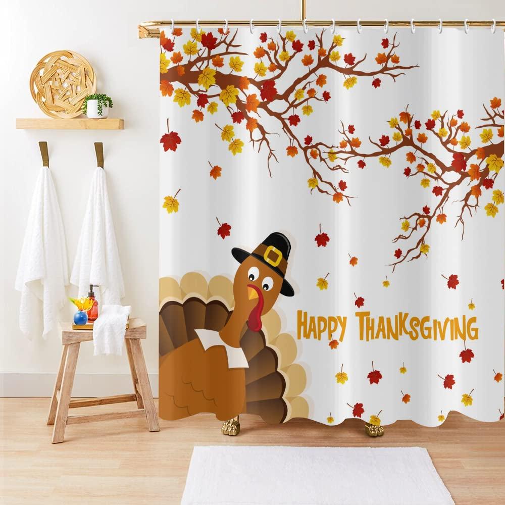 Thanksgiving Shower Curtain,Cartoon Turkey And Autumn Leaves Shower Curtain For Bathroom Decor Polyester Waterproof Bath Curtain