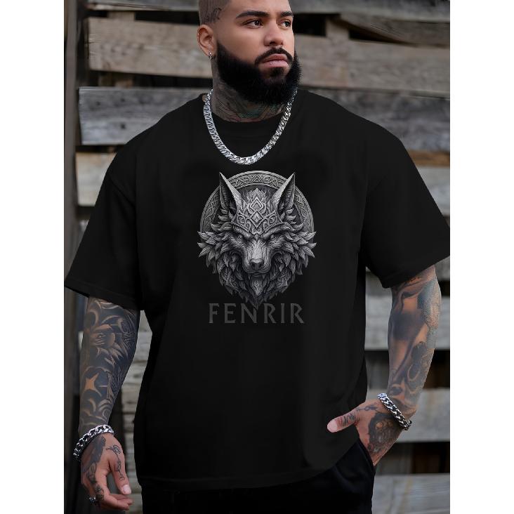 Men'S Plus Size 100% Fenrir Wolf Head Print T-Shirt - Casual Short Sleeve Round Neck Tee Suitable for Spring Summer Fall, PLUS SIZE