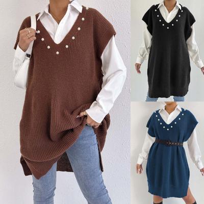 Women's Sweater Loose Large Tank Top Deep V Beaded Sweater Vest Does Not Include Belt