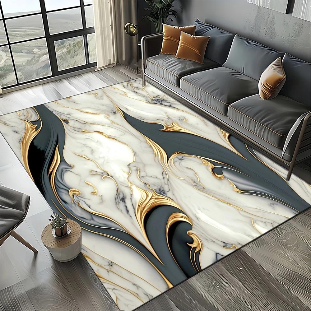 2025 New Style Fashion Marble Black White Gold Stone Carpet Rug for Living Room Bedroom Home Sofa Decoration,Non-slip Floor Mat
