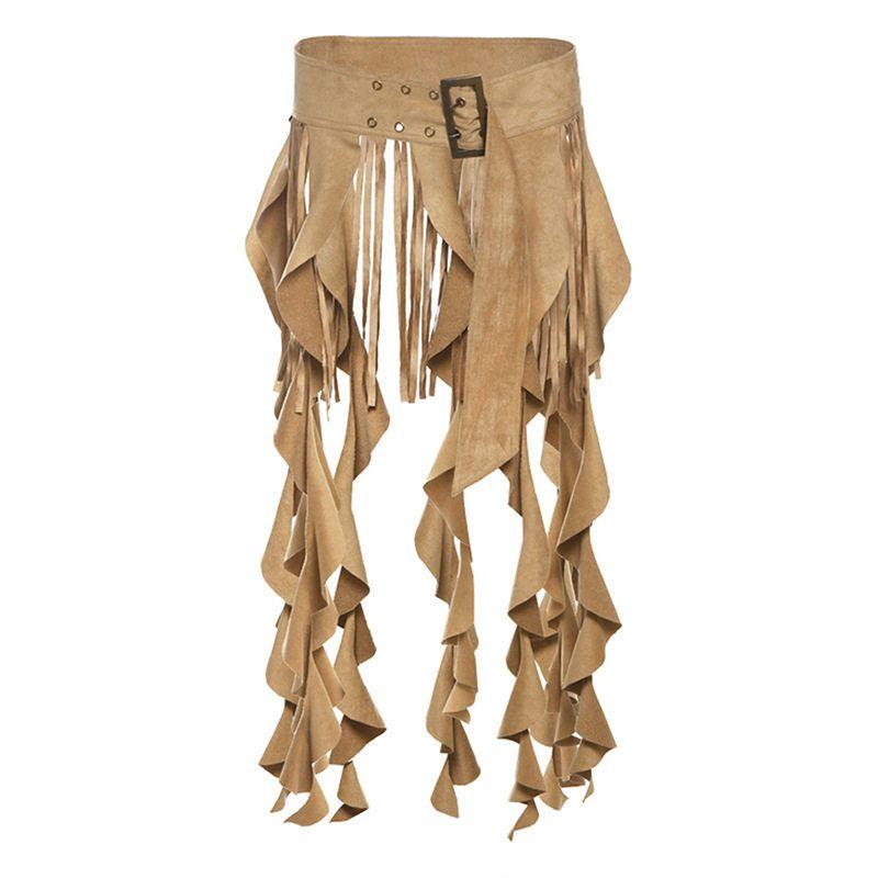 Cross-Border European and American Style 2025 Summer New Women s Clothing Retro Style Metal Buckle Tassel Ruffle Design Solid Color Waist Belt Khaki S