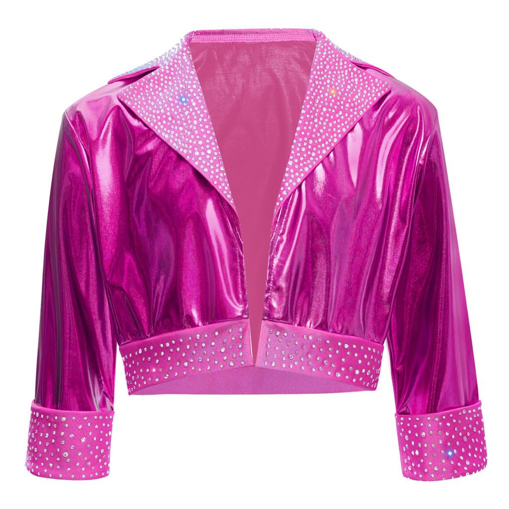 Mädchen Reverskragen Langarm Glänzende Strasssteine Metallische Jacke Jazz Dance Oberbekleidung