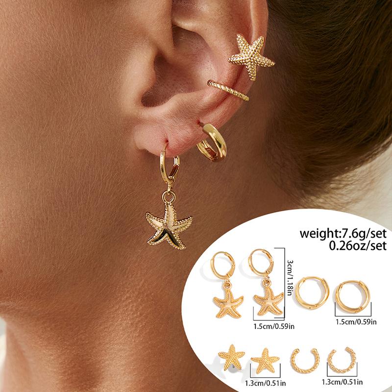 Ocean Series Flower Starfish Bow Shell C-Shaped Earrings Sets for Women Retro High-End Sweet Earrings Vacation Jewelry Accessory