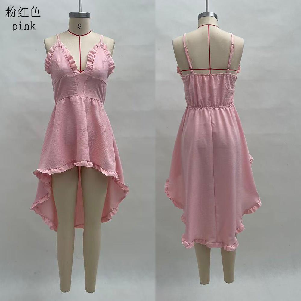 New summer sexy women's off-the-shoulder beach irregular suspender solid color dress