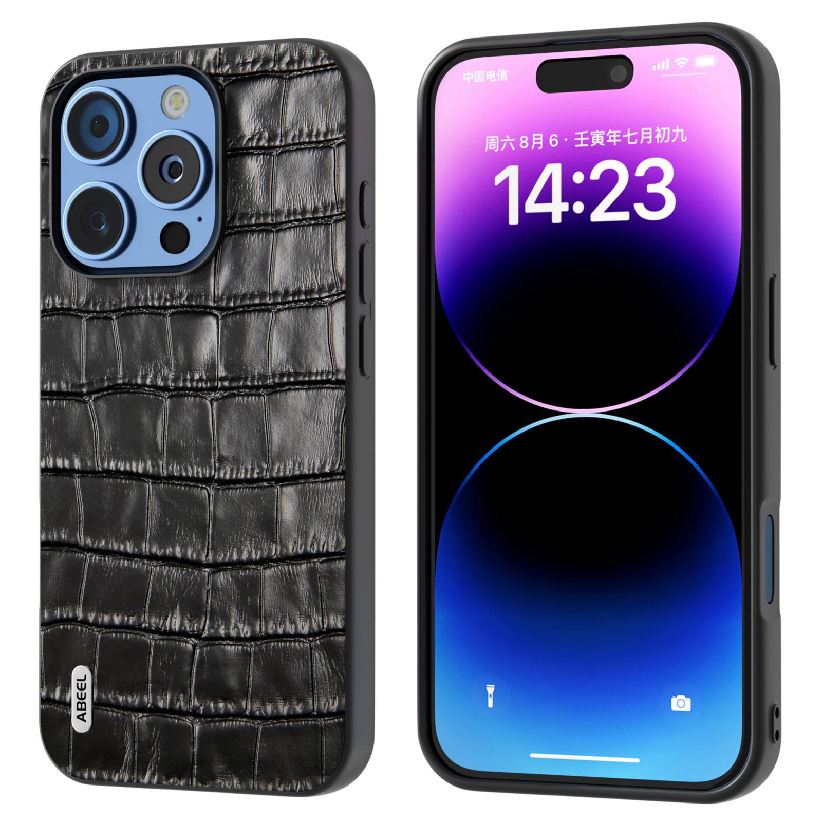 ABEEL For iPhone 16 Pro Cases Genuine Cow Leather+PC+TPU Drop-Proof Cell Phone Cover C