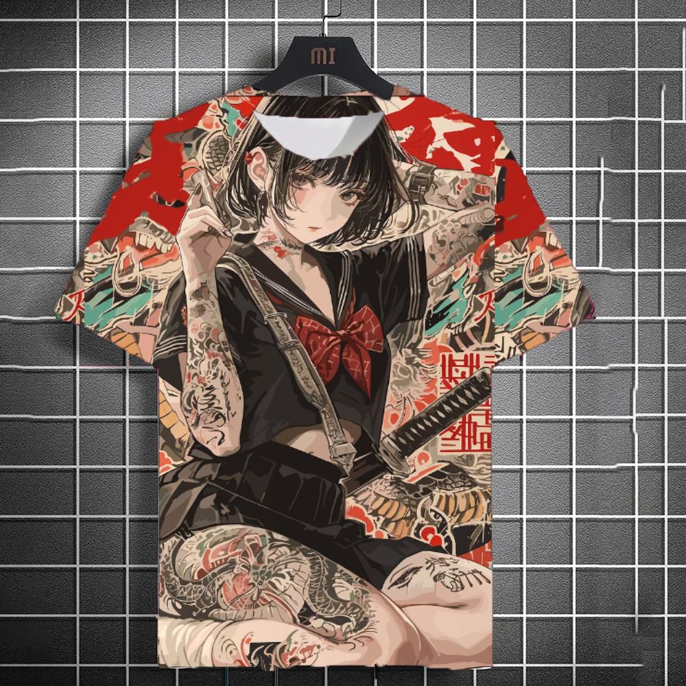 Japanese samurai samurai samurai sword tattoo girl T-shirt 3D printing universal personality anime T-shirt