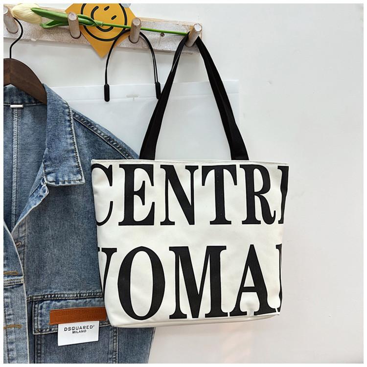 Borsa Tote in Tela da Donna con Tasca con Cerniera Urbana Casual Elegante Stampa Lettere