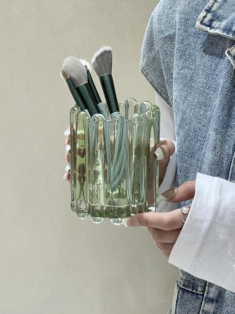 Wave Edge Stripe Makeup Brush Bucket Eyebrow Pencil Holder Simple Glass Ornament Desktop Storage Container