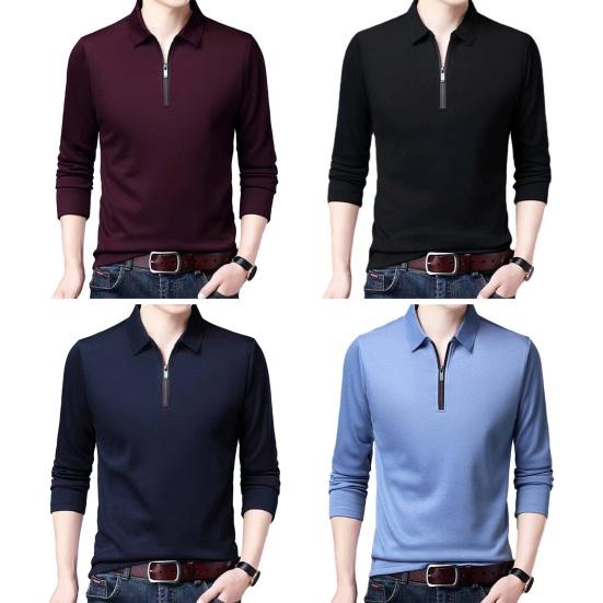 Camisa masculina de cor sólida, camisa de negócios com lapela, zíper, decote, manga comprida, pulôver, primavera, outono, slim fit, camiseta de trabalho
