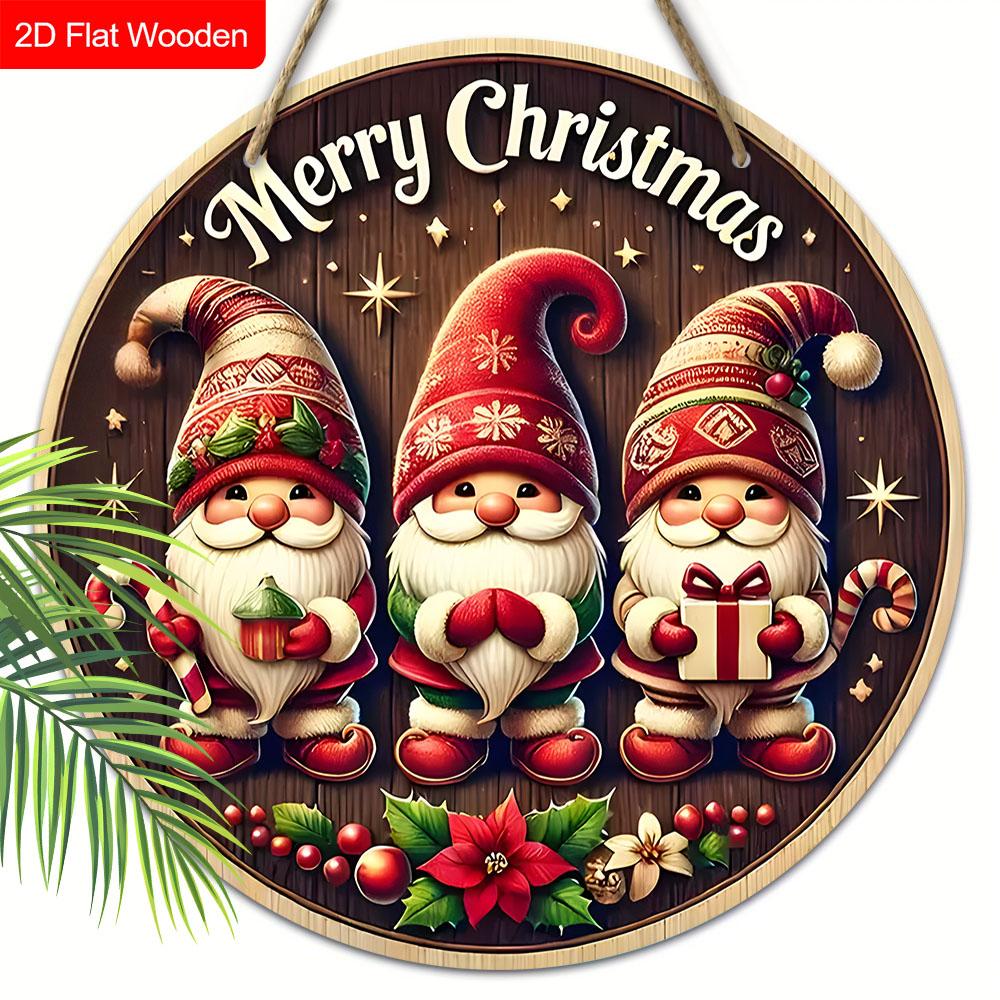 Christmas Wooden Sign with Gnomes Pattern - Merry Christmas Round Sign for Yard Door Wall Hanging Decor - Ideal Christmas Decoration