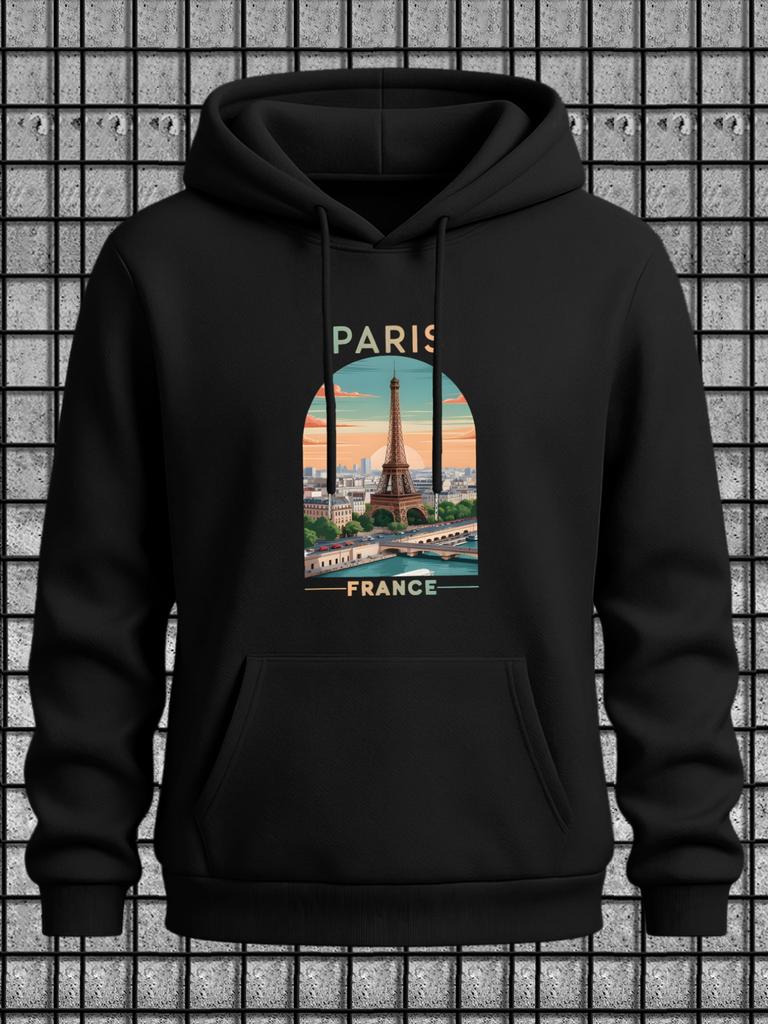 Men'S Casual All-Match Style Fashion Hoodie, New Unique Design, Eiffel Tower And Seine River Scenery Print - Casual Pullover, Kangaroo Pocket, Stretch