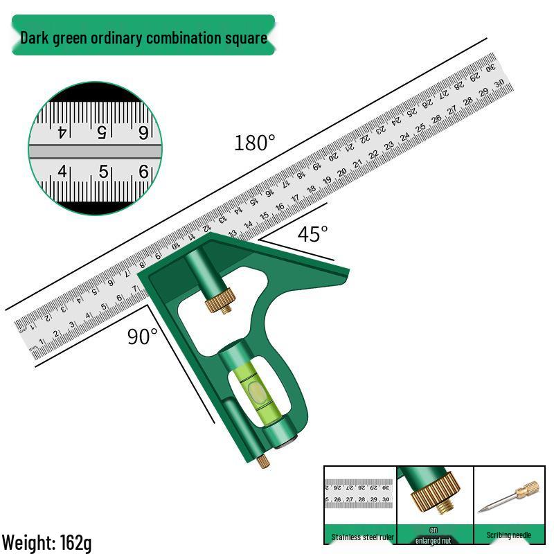 Multifunctional Stainless Steel Horizontal & Right Angle Combination Ruler for Woodworking